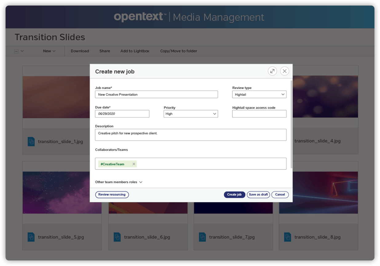 Send large files, including video, from OpenText Media Management to anyone for review through Hightail 